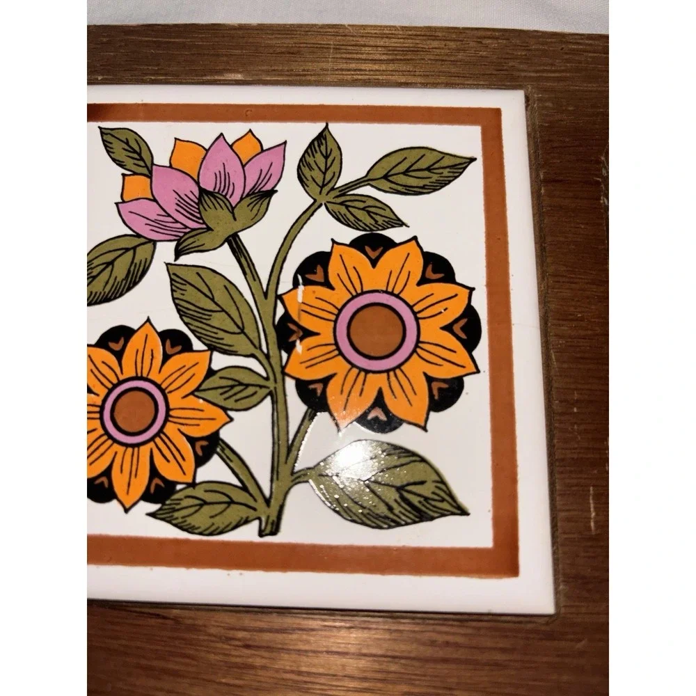JAPAN Wood & Ceramic Floral Tile Inset Cutting Board, Medium Rectangle, Feet
